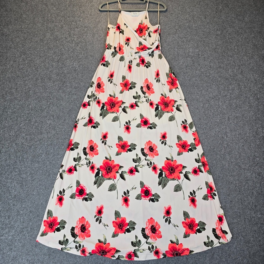 BE Stage A-Line Dress Women's M White Red Floral Pleated Spaghetti Strap V Neck